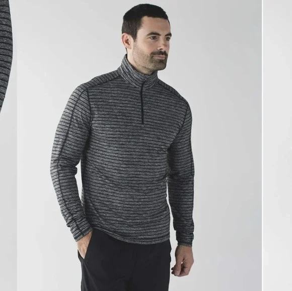 Lululemon Men M Surge Warm 1/2 ZipRaven Stripe Black Heathered Black Athletic